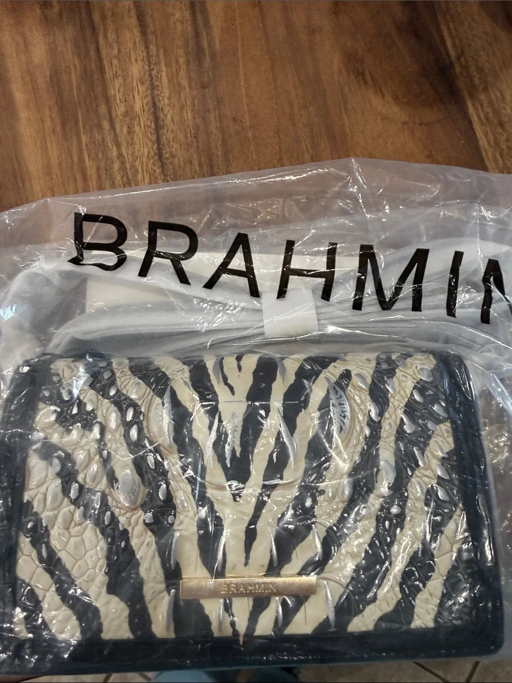 Brahmin Minuette Black & Cream Zebra-Embossed Crossbody Wallet